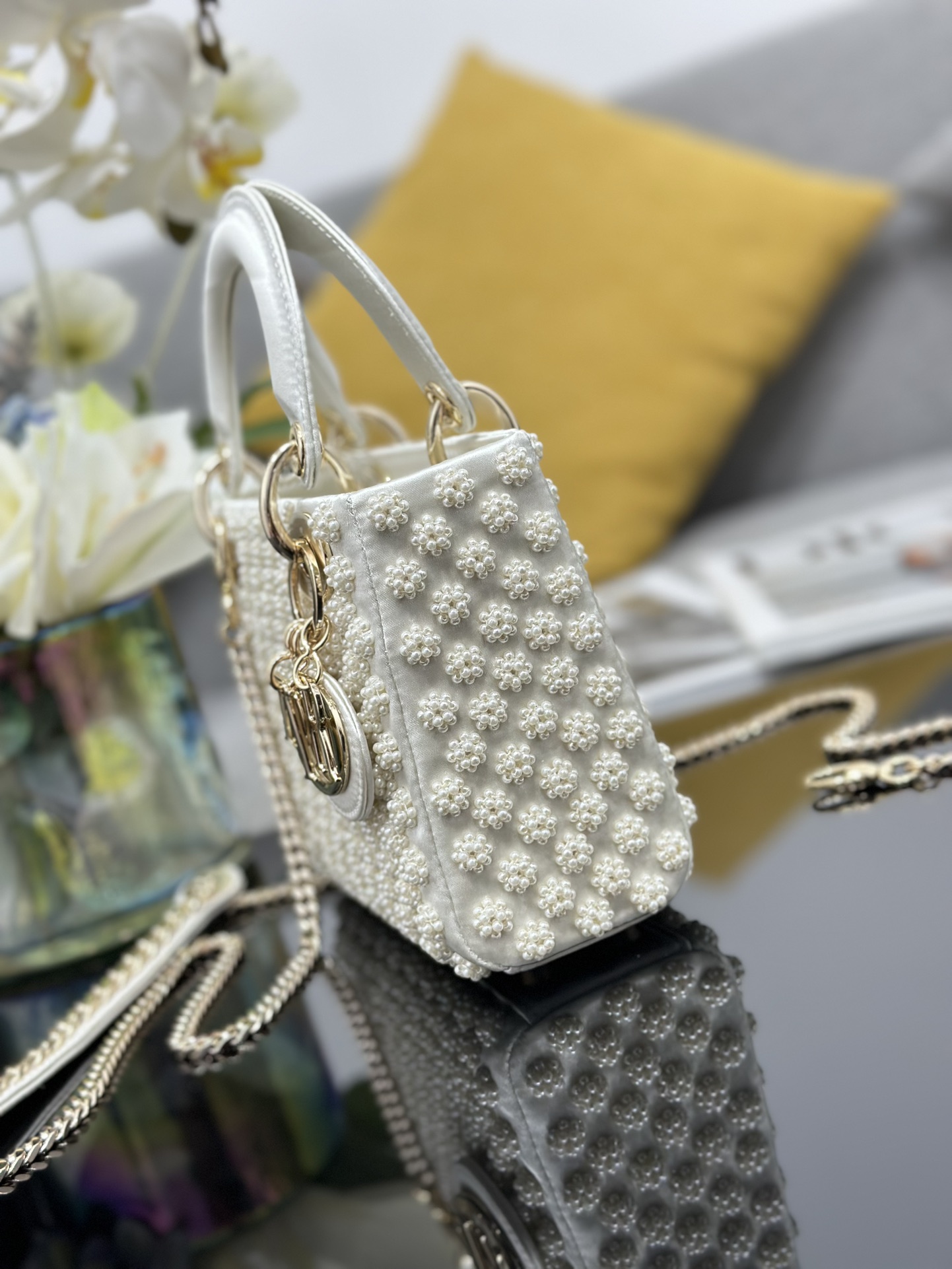 Mini Lady Dior Bag White Satin Embroidered with Pearl Flower